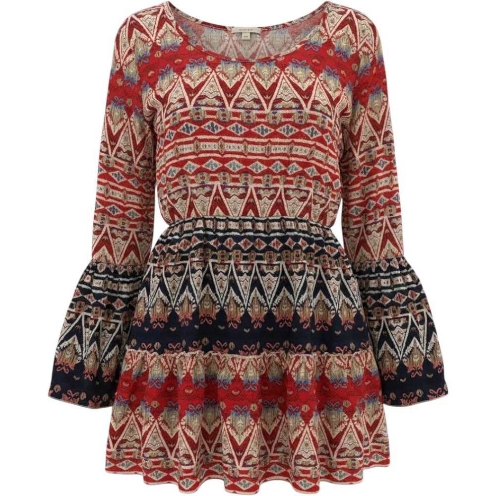 Velzera Mini Dress Womens Small Red Navy Boho Tribal Bell Sleeve Rayon Tiered